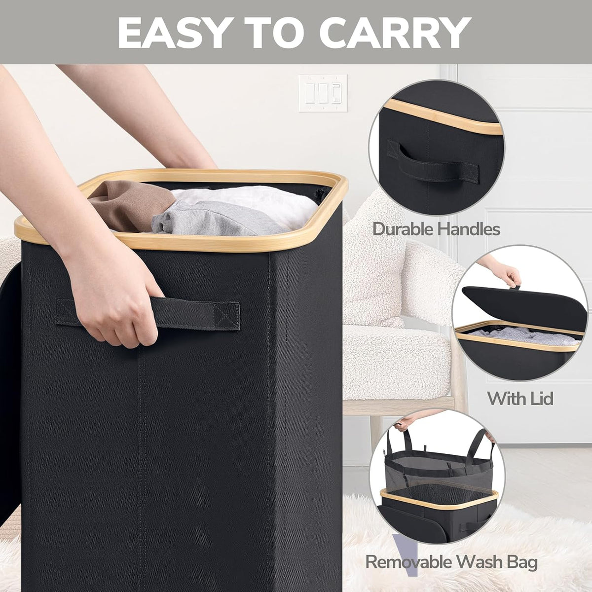 Goodpick 100L Large Rolling Laundry Basket with Wheels and Lid, Black