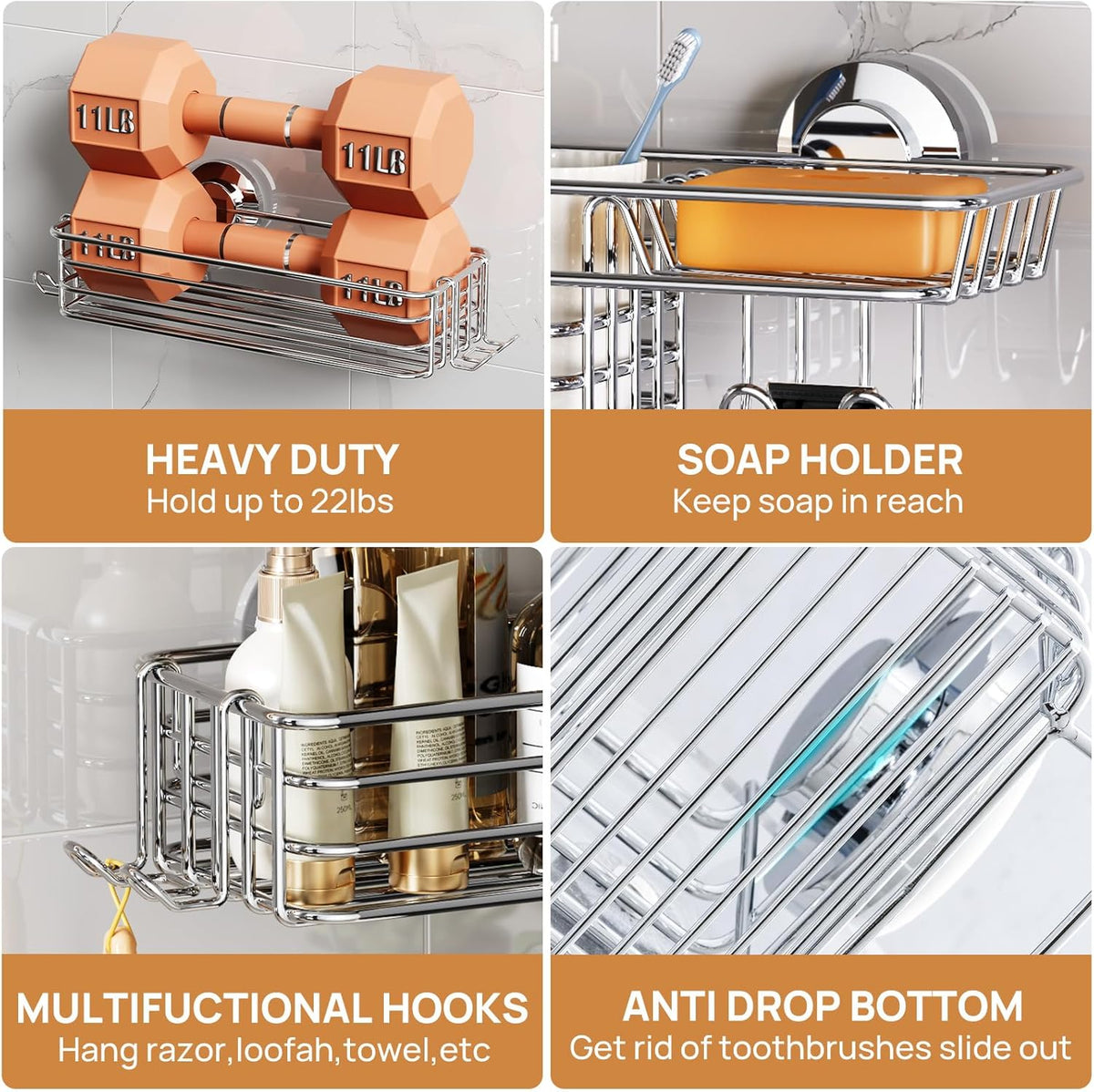 LEVERLOC Shower Caddy Suction Cup, 3 Pack Heavy Duty Bathroom Organizer