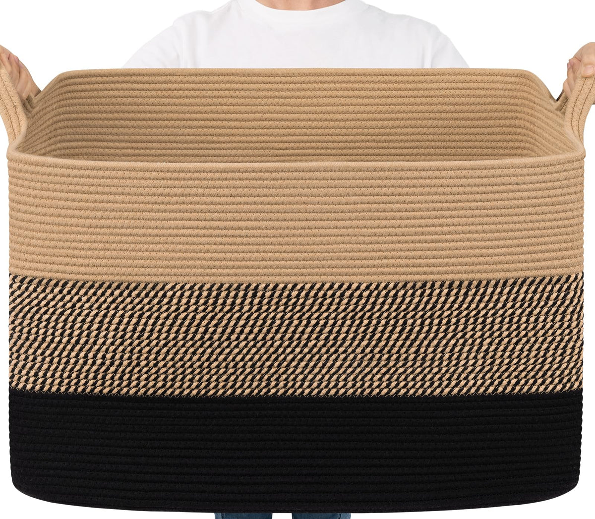Goodpick Large Woven Rope Blanket Basket, Rectangle, Black, 75L
