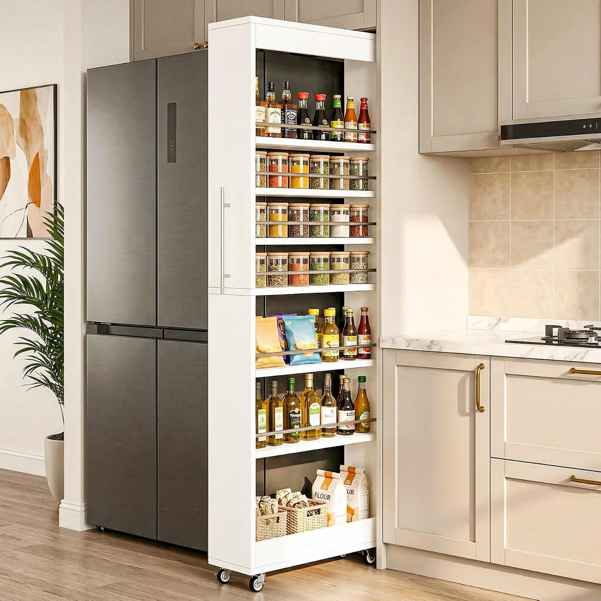 Tribesigns 73" Tall Slim Storage Cart on Rubber Wheels, 7-Tier Narrow Pantry Cabinet, Rolling Skinny Spice Rack Organizer Next to Fridge, Wooden Pull-Out Storage Shelf for Kitchen Small Spaces, White