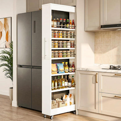 Tribesigns 73" Tall Slim Storage Cart on Rubber Wheels, 7-Tier Narrow Pantry Cabinet, Rolling Skinny Spice Rack Organizer Next to Fridge, Wooden Pull-Out Storage Shelf for Kitchen Small Spaces, White