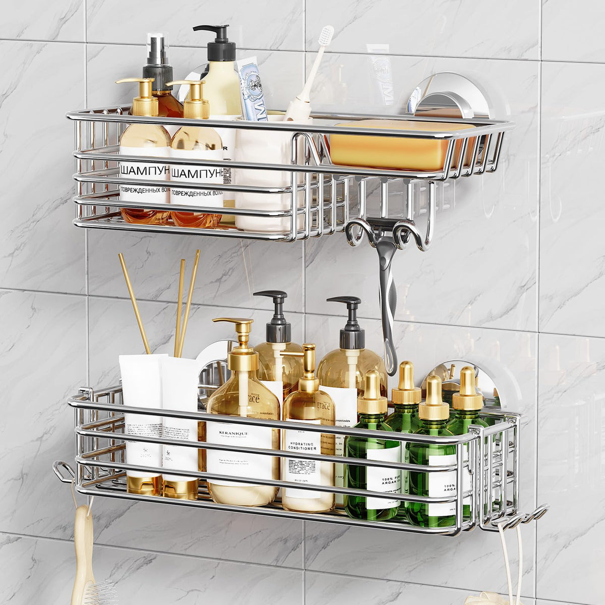 TAILI Shower Caddy Suction Cup 2 Pack with Hooks & Soap Holder, Heavy Duty Shower Organizer for Bathroom, No Drilling Bathroom Organizer with Large Capacity, Metal Storage Holder-Grey