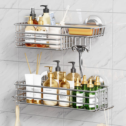 TAILI Shower Caddy Suction Cup 2 Pack with Hooks & Soap Holder, Heavy Duty Shower Organizer for Bathroom, No Drilling Bathroom Organizer with Large Capacity, Metal Storage Holder-Grey