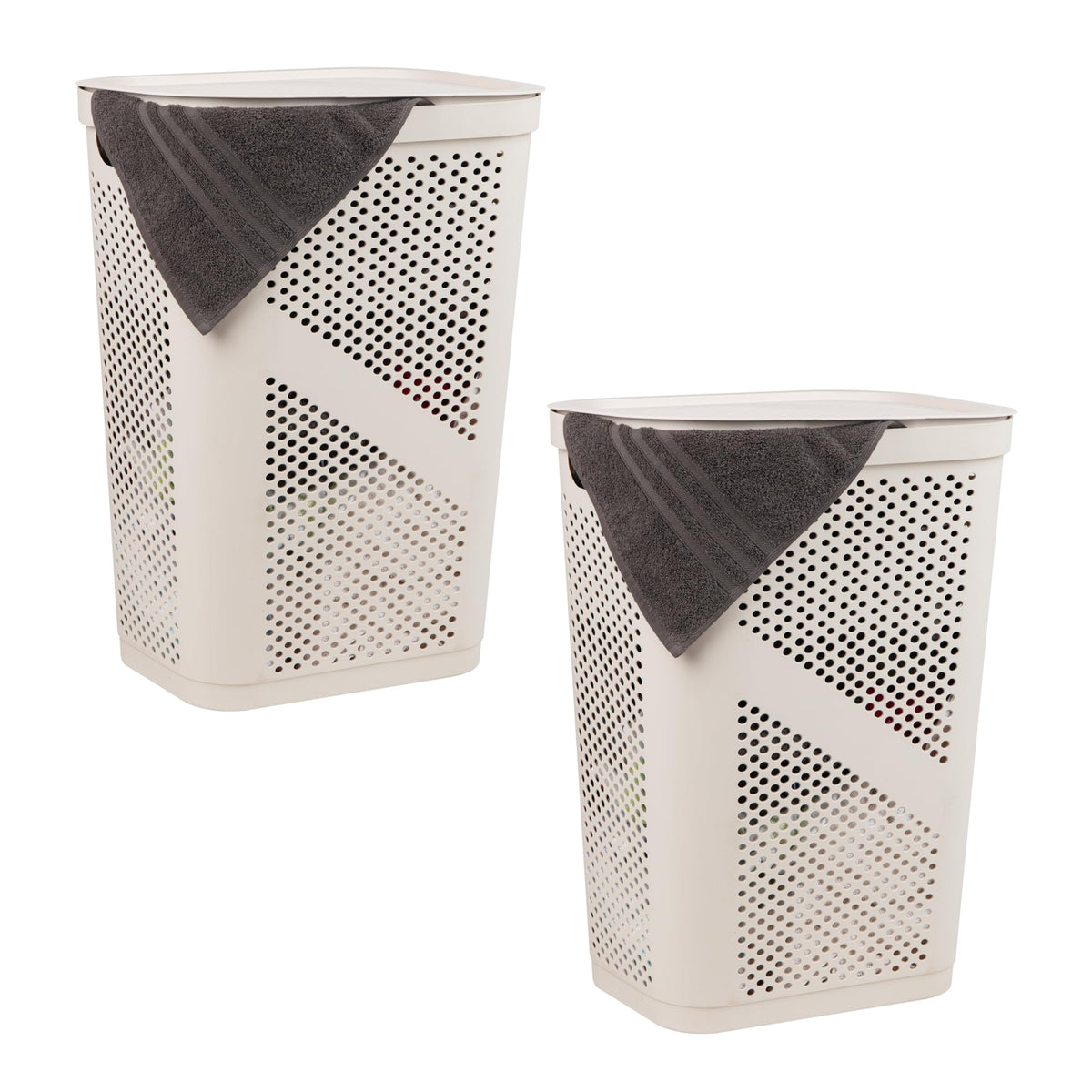 Mind Reader Slim Laundry Hamper with Lid, 60L Ventilated Clothes Baskets, Tapered Design for Bathrooms, Closets, Plastic, Set of 2, Black