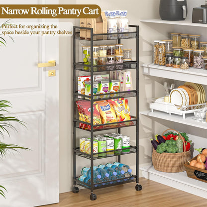 6 Tier Slim Rolling Storage Cart, Narrow Mobile Shelving Unit Organizer Utility Cart with Wheels, Metal Wire Storage Rack with Baskets for Kitchen, Bathroom, Laundry & Living Room, 10in(W) Black