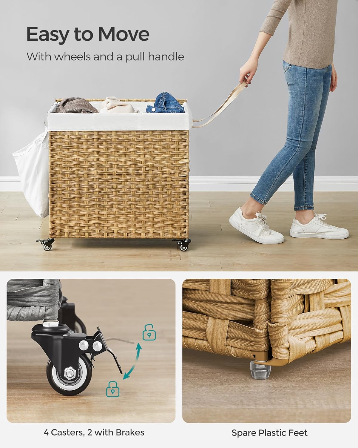 SONGMICS Rolling Laundry Hamper with Lid, 140 L Synthetic Rattan