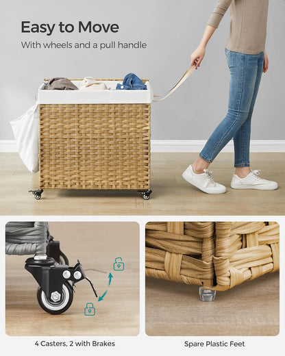 SONGMICS Rolling Laundry Hamper with Lid, 140 L Synthetic Rattan