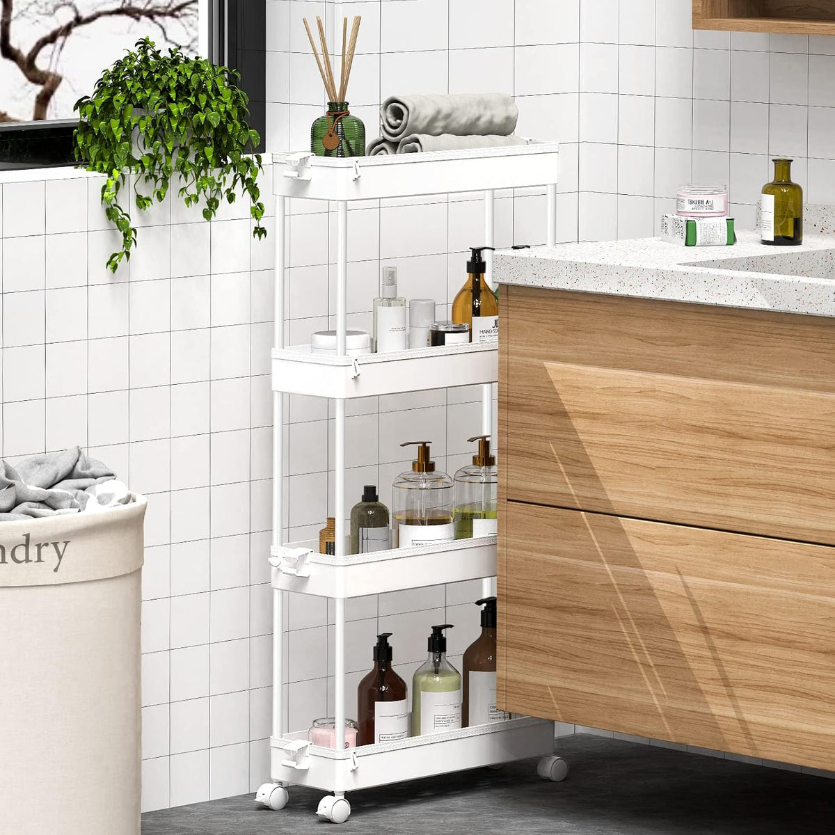 SPACEKEEPER Slim Rolling Storage Cart, 4 Tier Bathroom Cart Organizer,White
