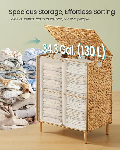 SONGMICS Laundry Hamper With Lid, 130 L Wicker Handwoven Water Hyacinth