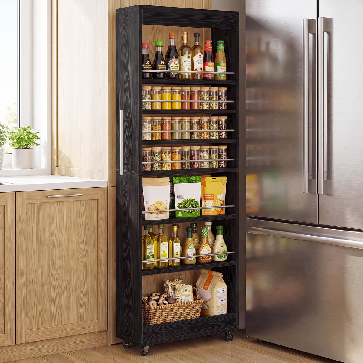 Tribesigns 73" Tall Slim Storage Cart on Rubber Wheels, 7-Tier Narrow Pantry Cabinet, Rolling Skinny Spice Rack Organizer Next to Fridge, Wooden Pull-Out Storage Shelf for Kitchen Small Spaces, White