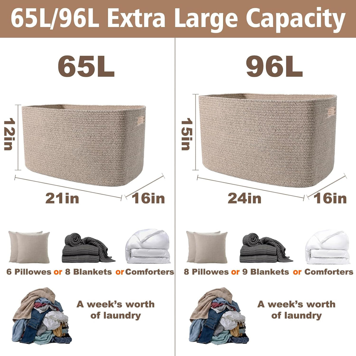 JMvicyroam 65L Large Woven Cotton Rope Blanket Basket, Oatmeal