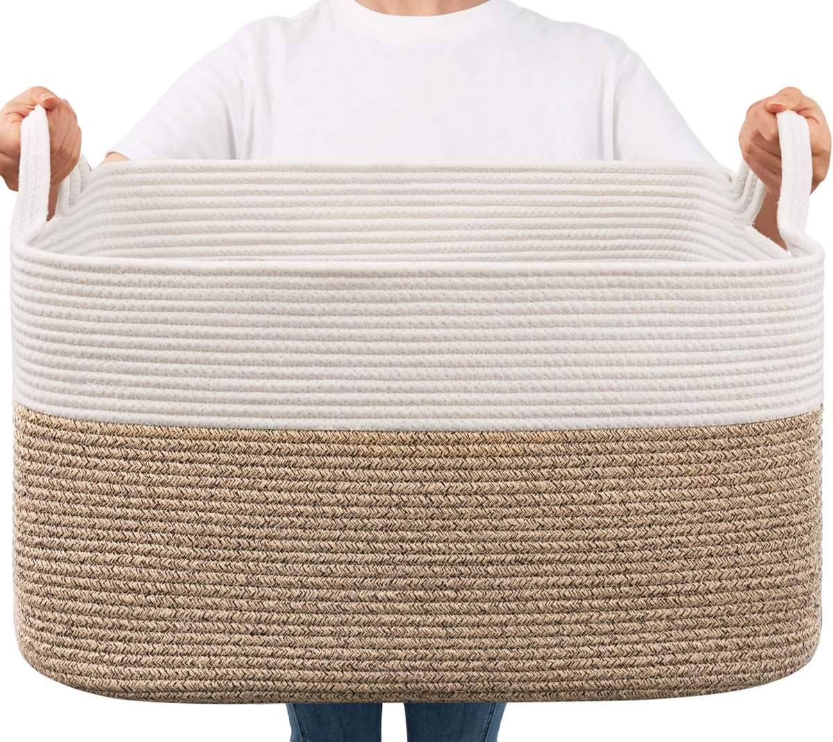 Goodpick Large Woven Rope Blanket Basket, Rectangle, Black, 75L