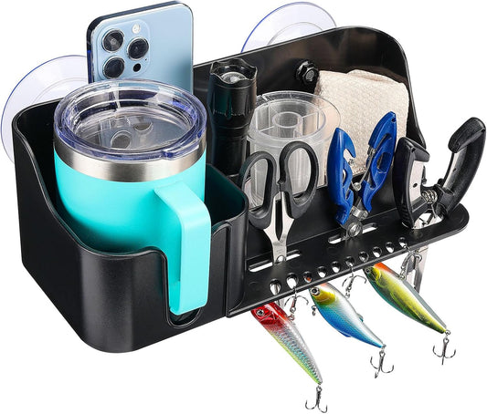 KEMIMOTO Boat Cup Holder, Caddy Organizer Installed With Screws/Suction Cups on Any Flat Surface, Storage Organizer, Cockpit Storage Box Marine Cup Holder for Bass Kayak Jon Pontoon Boat Accessories