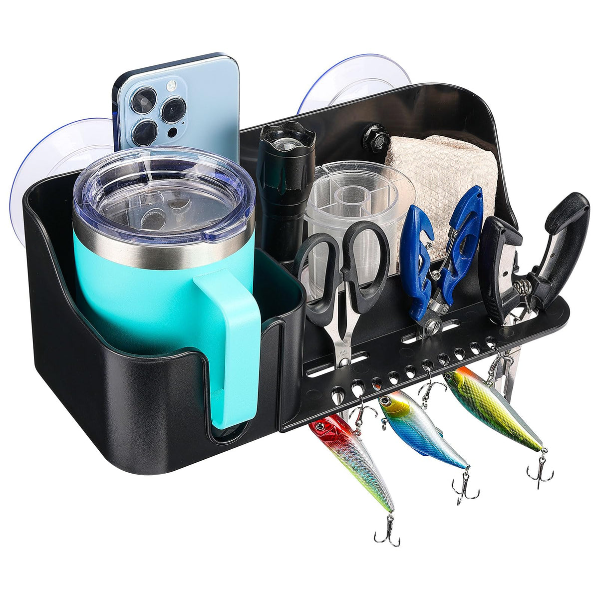 KEMIMOTO Boat Cup Holder, Caddy Organizer Installed With Screws/Suction Cups on Any Flat Surface, Storage Organizer, Cockpit Storage Box Marine Cup Holder for Bass Kayak Jon Pontoon Boat Accessories