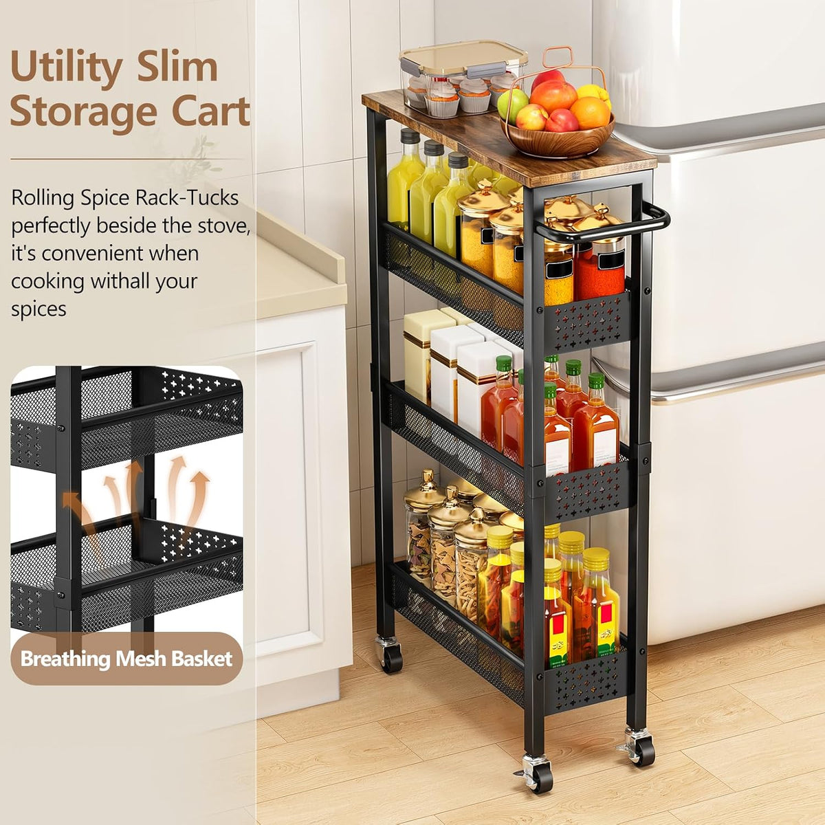 Slim Storage Cart with Wheels, 4 Tier Metal Rolling Organizer with Wood Top and Handle, Narrow Utility Shelf for Kitchen Bathroom Laundry Room, Black