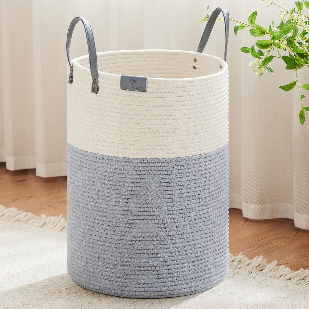 VIPOSCO 72L Tall Woven Rope Laundry Hamper, Leather Handles, White & Brown