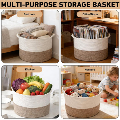 Large Woven Blanket Basket,65L Cotton Rope Laundry Basket