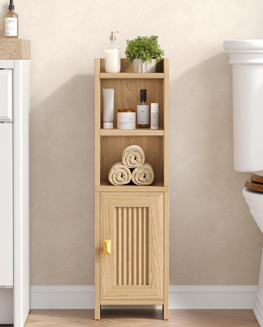 Akxomel Fluted Small Bathroom Storage Cabinet with 2 Open Shelves, Oak