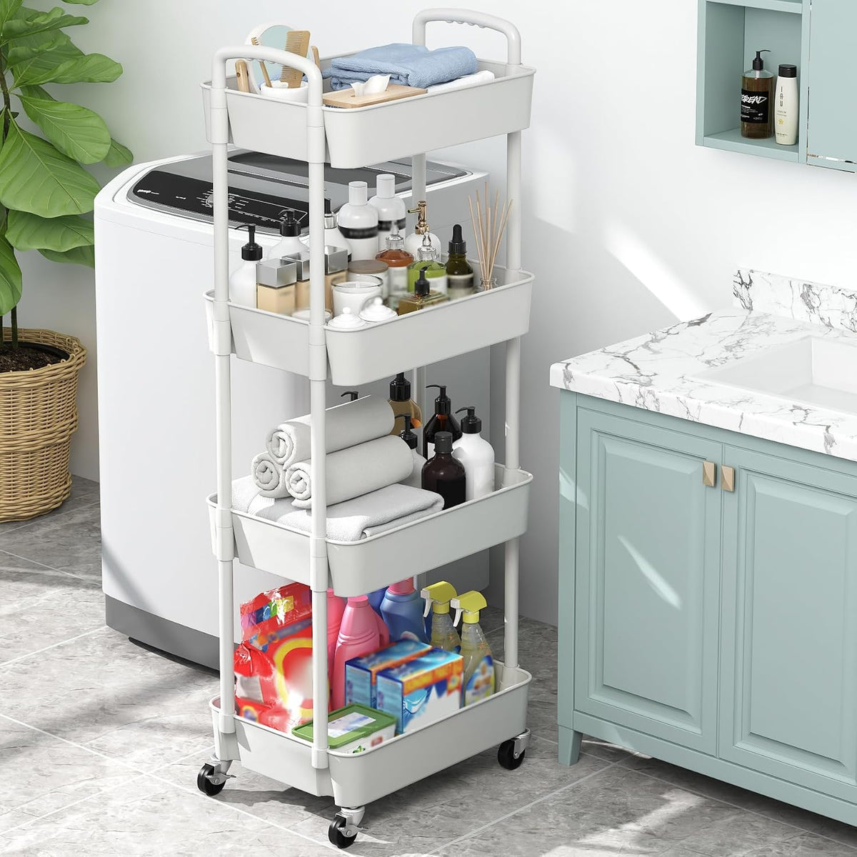 Sywhitta 4-Tier Plastic Rolling Utility Cart with Wheels for Storage,White