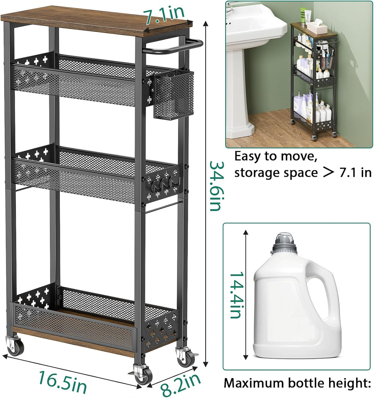 XYZLVSI 4 Tier Slim Storage Cart Laundry Room Organizer for Small Space