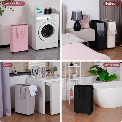 efluky Slim Laundry Hamper with Wheels, Rolling Laundry Basket for Clothes, Small Laundry Basket for Bedroom, Dorm and Laundry Room, 60L Beige