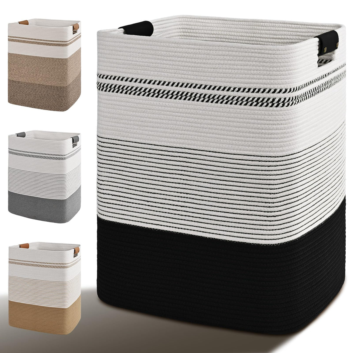 Laundry Hamper, 85L Tall Laundry Basket with Leather Handles, Rectangle Large Clothes Hamper for Organizing, Cotton Woven Laundry Baskets Storage Hampers for Bedroom, Nursery, Living Room