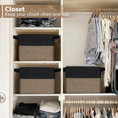 Goodpick Woven Storage Basket for Shelves, 13" x 10" x 9", Black Jute
