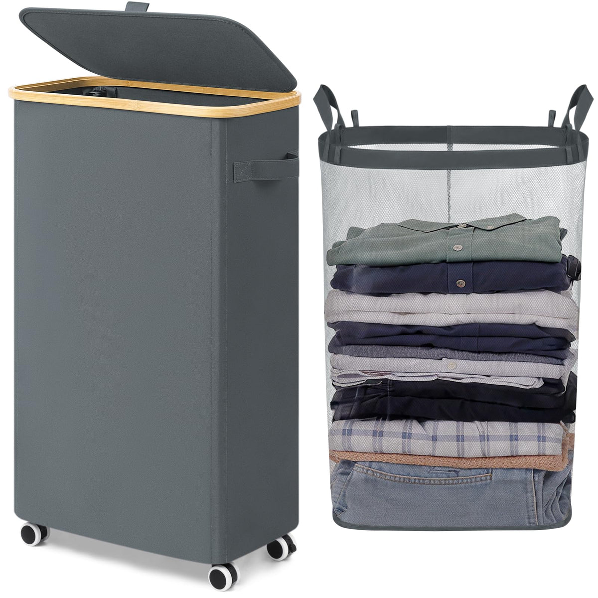 Goodpick 100L Large Rolling Laundry Basket with Wheels and Lid, Black