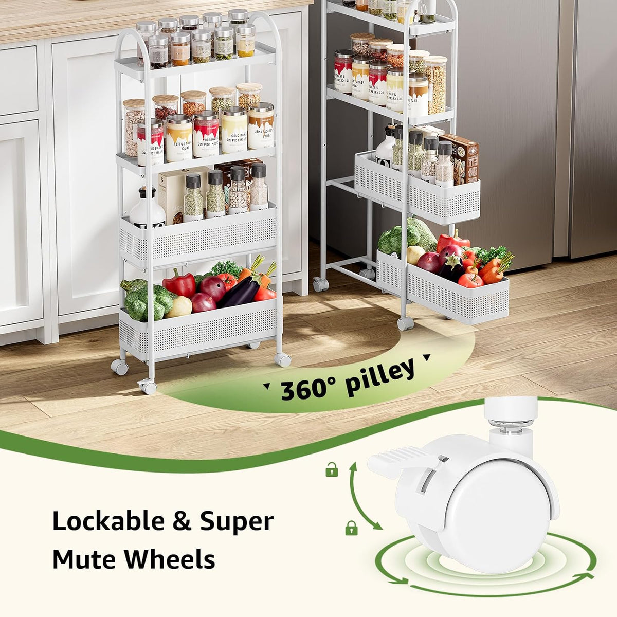 KINGRACK 4 Tier Slim Rolling Cart with Drawer, Metal Utility Storage Cart