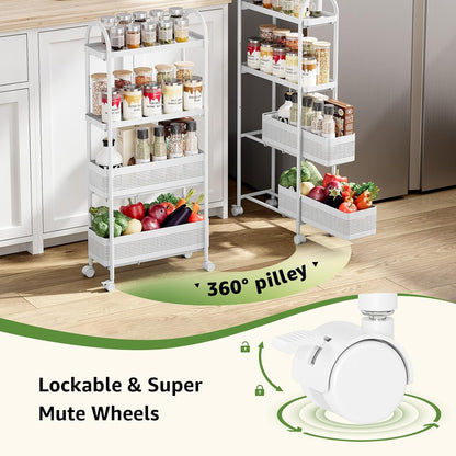KINGRACK 4 Tier Slim Rolling Cart with Drawer, Metal Utility Storage Cart