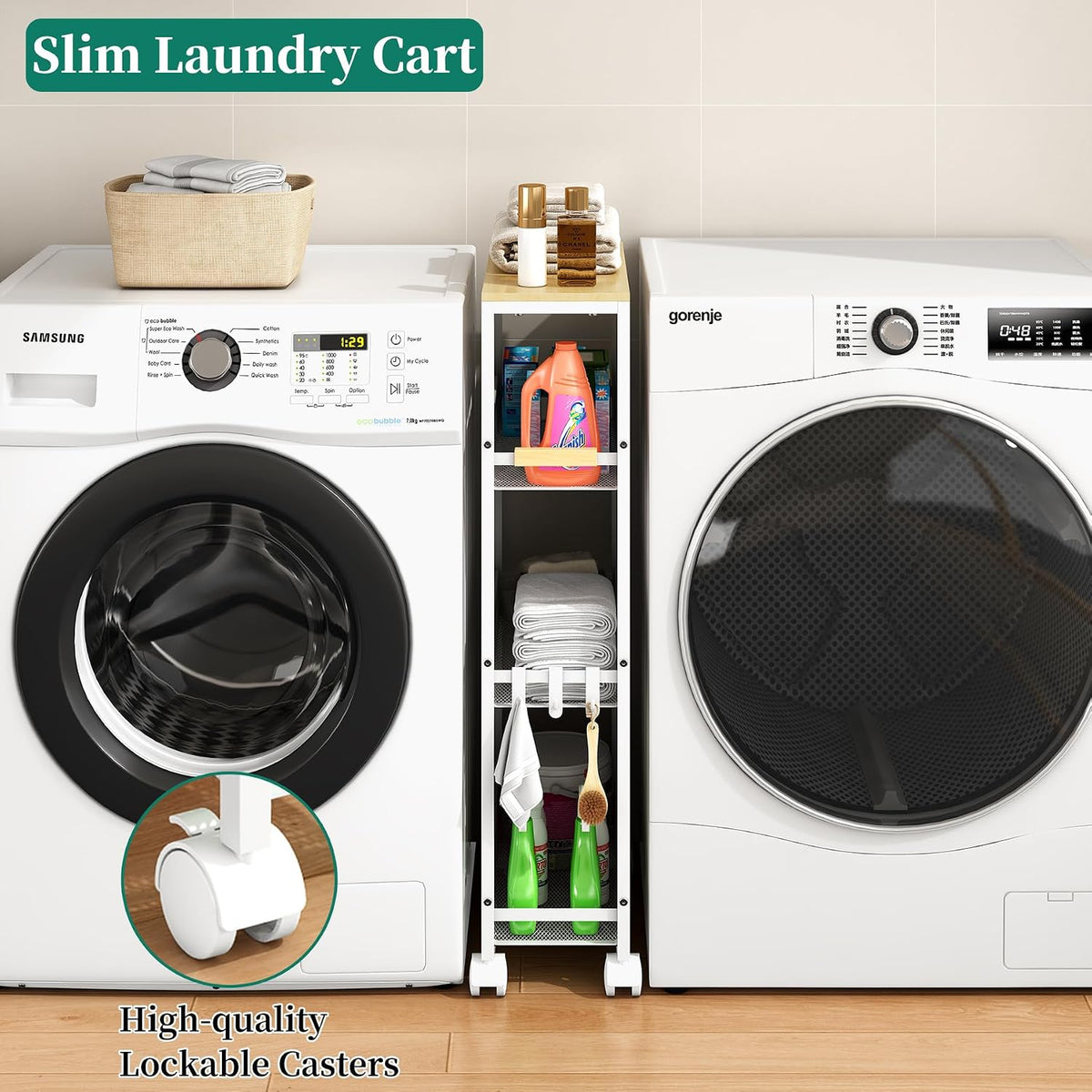 4-Tier Slim Utility Rolling Laundry Cart with Wheels, White