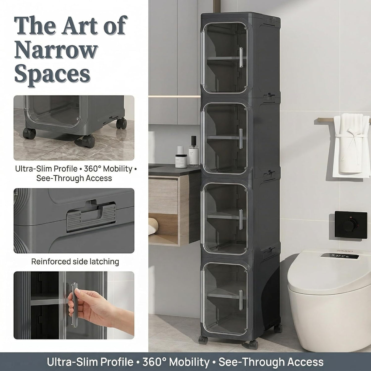 KHNR 4-Tiers Slim Bathroom Storage Cabinet, Foldable Storage Cabinets,Narrow Bathroom Storage,Movable Bathroom Storage Organizer for Small Spaces,Bathroom,Kitchen,Laundry,Black