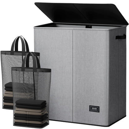 SOLEDI Luxury Double Laundry Hamper with Lid and Removable Bags, 38.3 Gal Large Laundry Bin, Laundry Basket 2 Sections, Collapsible Clothes Hamper for Bedroom, Laundry Room, Bathroom, Off-white