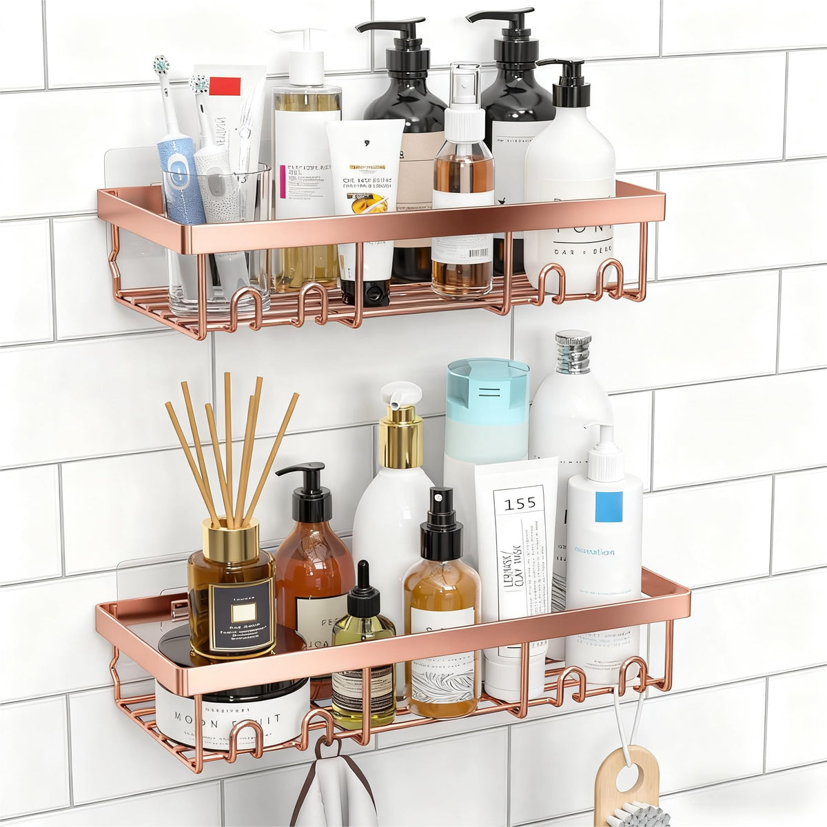 Moforoco Suction Cup Shower Caddy Shelf Organizer Rack, Black Bathroom Shelves Basket, Home Farmhouse Wall Inside Organization and Storage
