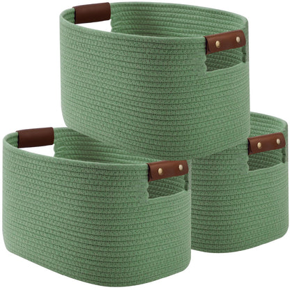 ECDYQXVU 15x10x9 Woven Cotton Rope Storage Basket, Leather Handles 1 Pack