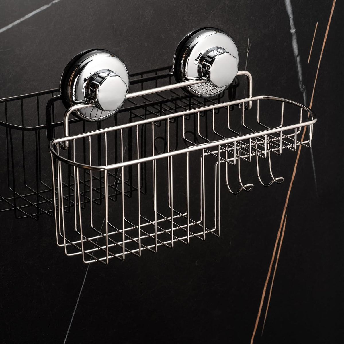 HASKO Suction Cup Shower Caddy Basket for Shampoo, Shower Suction Shelf Organizer, Basket with Soap Holder and Hooks, Stainless Steel Shampoo Holder for Bathroom Storage, Chrome