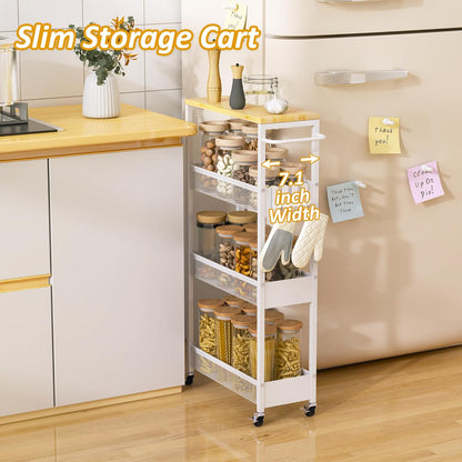7.1" Wide Slim Storage Cart on Wheels, 4 Tier Metal Narrow Rolling Cart with Handle and Wood Top, Multifunctional Small Mobile Shelf Unit Organizer Trolley for Laundry, Bathroom, Kitchen