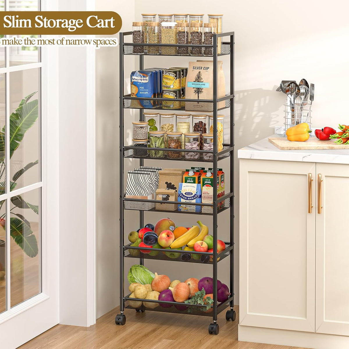 6 Tier Slim Rolling Storage Cart, Narrow Mobile Shelving Unit Organizer Utility Cart with Wheels, Metal Wire Storage Rack with Baskets for Kitchen, Bathroom, Laundry & Living Room, 10in(W) Black