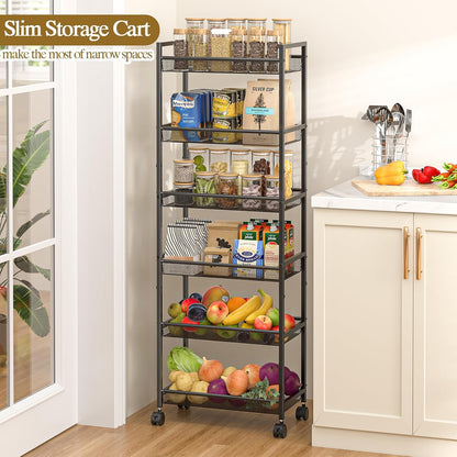 6 Tier Slim Rolling Storage Cart, Narrow Mobile Shelving Unit Organizer Utility Cart with Wheels, Metal Wire Storage Rack with Baskets for Kitchen, Bathroom, Laundry & Living Room, 10in(W) Black