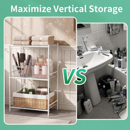JAQ 3 Tier Small Shelf for Small Spaces, Narrow Bathroom Shelving Unit, Metal Storage Shelf Organizer for Bathroom, Closet, Laundry Room, Dorm, Office, White