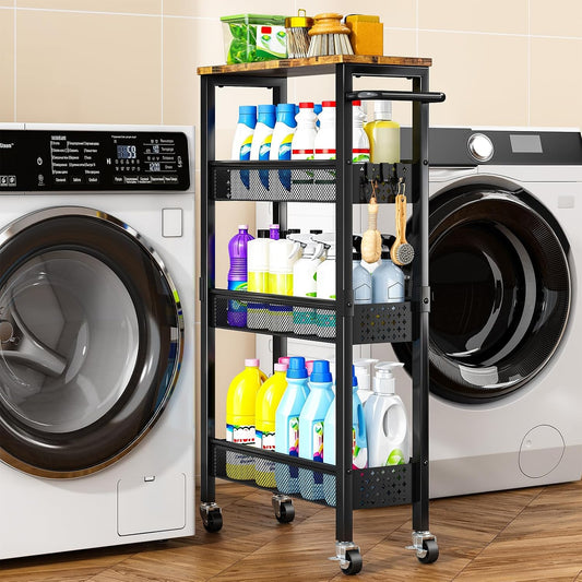 Slim Storage Cart with Wheels, 4 Tier Metal Rolling Organizer with Wood Top and Handle, Narrow Utility Shelf for Kitchen Bathroom Laundry Room, Black