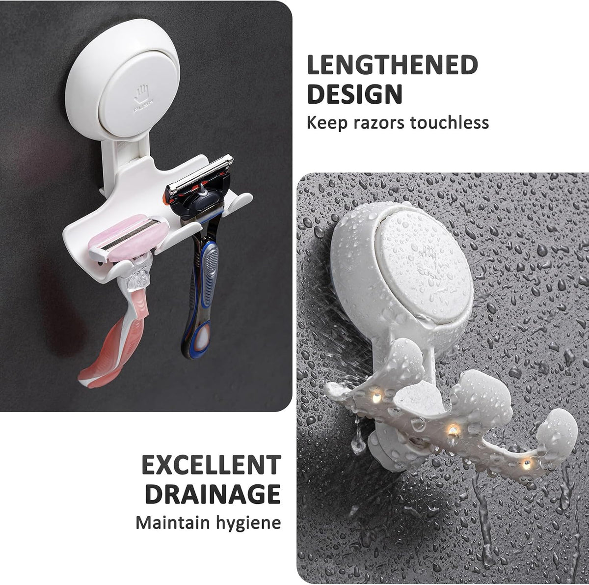 LEVERLOC Razor Holder for Shower 2 Pack, Powerful Suction Cup Hooks, White