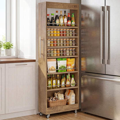 Tribesigns 73" Tall Slim Storage Cart on Rubber Wheels, 7-Tier Narrow Pantry Cabinet, Rolling Skinny Spice Rack Organizer Next to Fridge, Wooden Pull-Out Storage Shelf for Kitchen Small Spaces, White