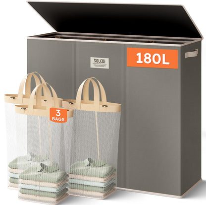 SOLEDI Large Laundry hamper 3 Section with Laundry Bag, XL Clothes Basket