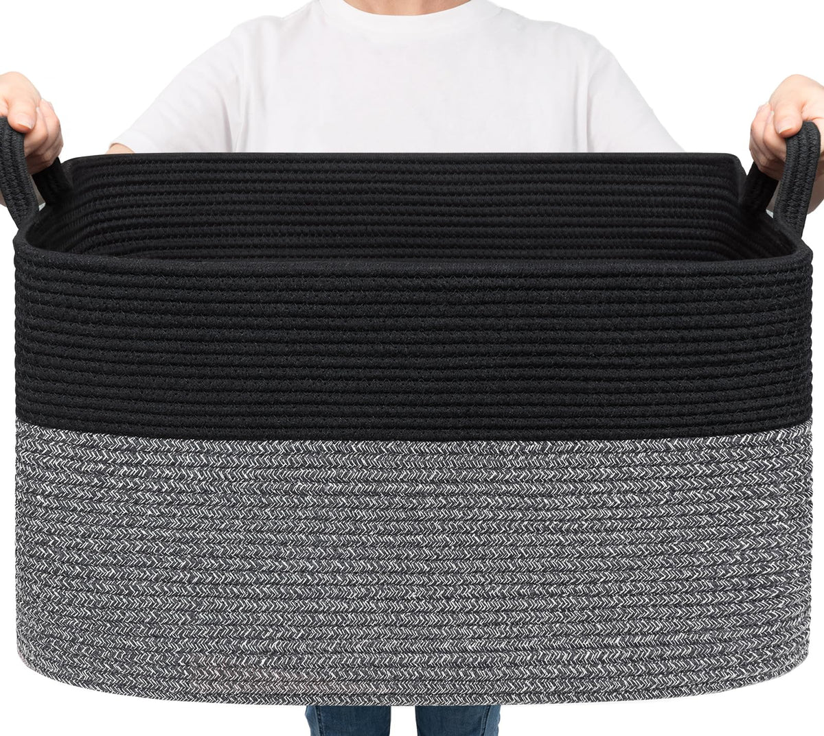 Goodpick Large Woven Rope Blanket Basket, Rectangle, Black, 75L