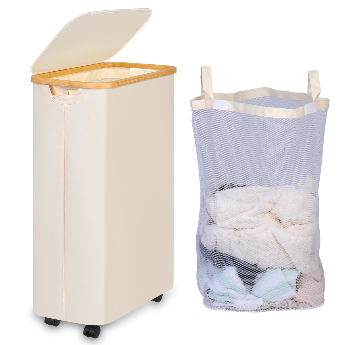 iEGrow 65L Slim Laundry Hamper, Narrow Laundry Basket with Lid,Foldable Clothes Hamper with Bamboo Handles,Hamper Basket with Removable Inner Bag for Laundry Room Bedroom College Dorm,17.17 Gals Pink