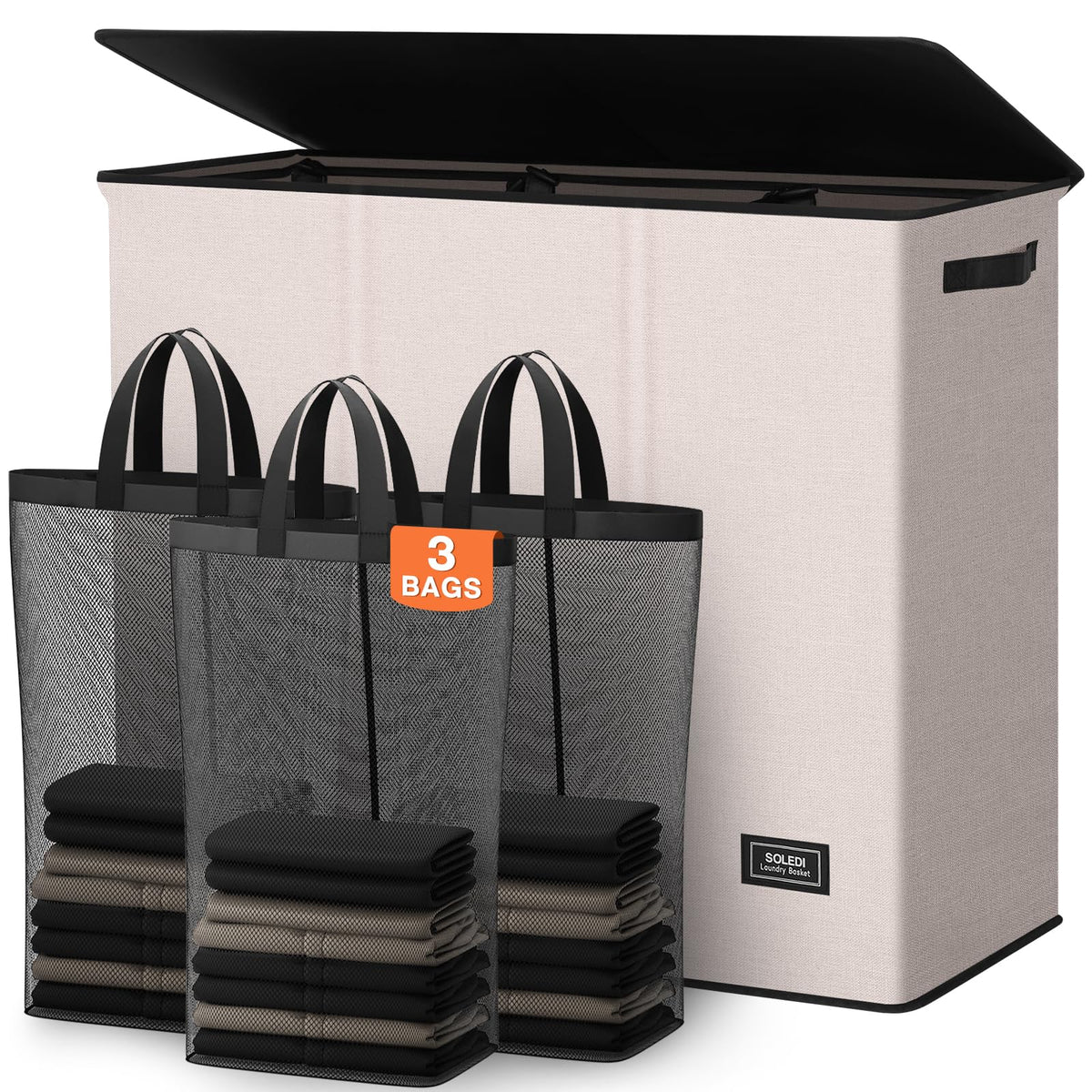 SOLEDI Large Laundry hamper 3 Section with Laundry Bag, XL Clothes Basket