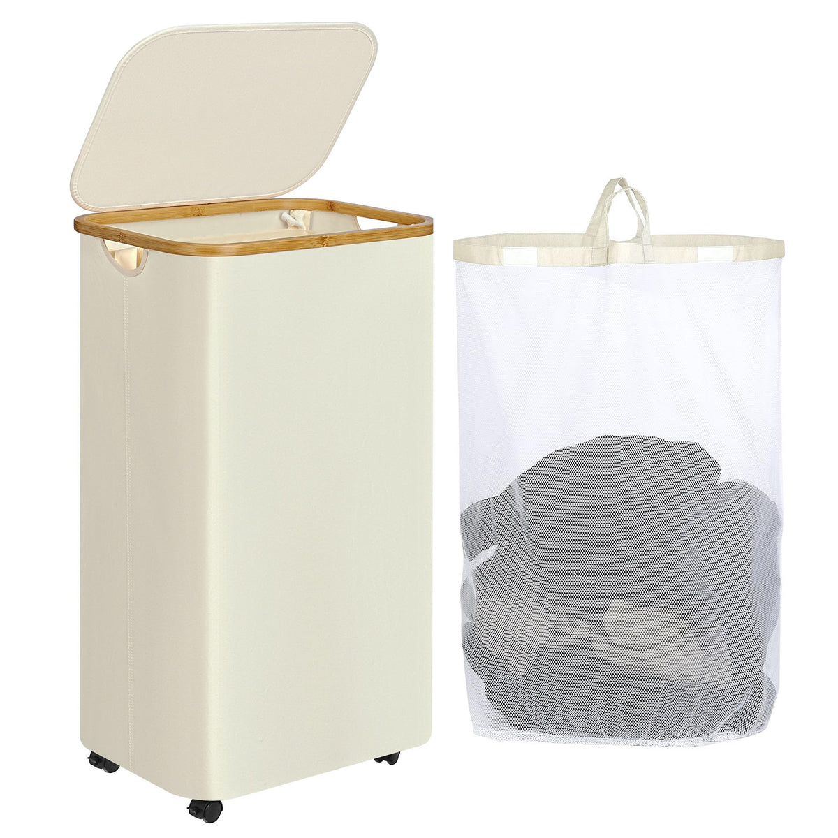 iEGrow 65L Slim Laundry Hamper, Narrow Laundry Basket with Lid,Foldable Clothes Hamper with Bamboo Handles,Hamper Basket with Removable Inner Bag for Laundry Room Bedroom College Dorm,17.17 Gals Pink