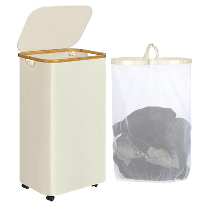 iEGrow 65L Slim Laundry Hamper, Narrow Laundry Basket with Lid,Foldable Clothes Hamper with Bamboo Handles,Hamper Basket with Removable Inner Bag for Laundry Room Bedroom College Dorm,17.17 Gals Pink