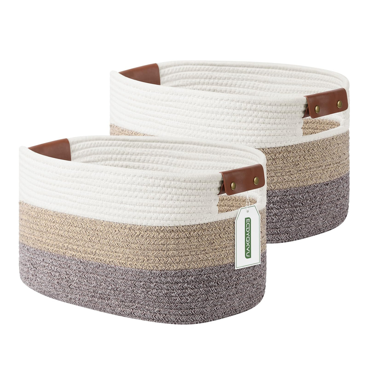 ECDYQXVU 15x10x9 Woven Cotton Rope Storage Basket, Leather Handles 1 Pack